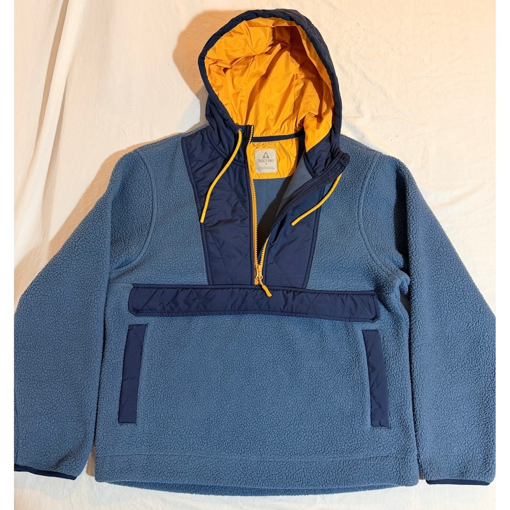 Ascend Mens‎ Sherpa Fleece Anorak Hoodie Blue Yellow Quarter Zip Size Medium